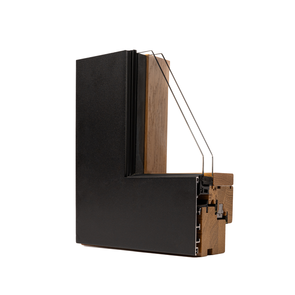 Sezione del serramento Rima Legno Alluminio 8.45/8.57, alluminio nero esterno e legno naturale interno