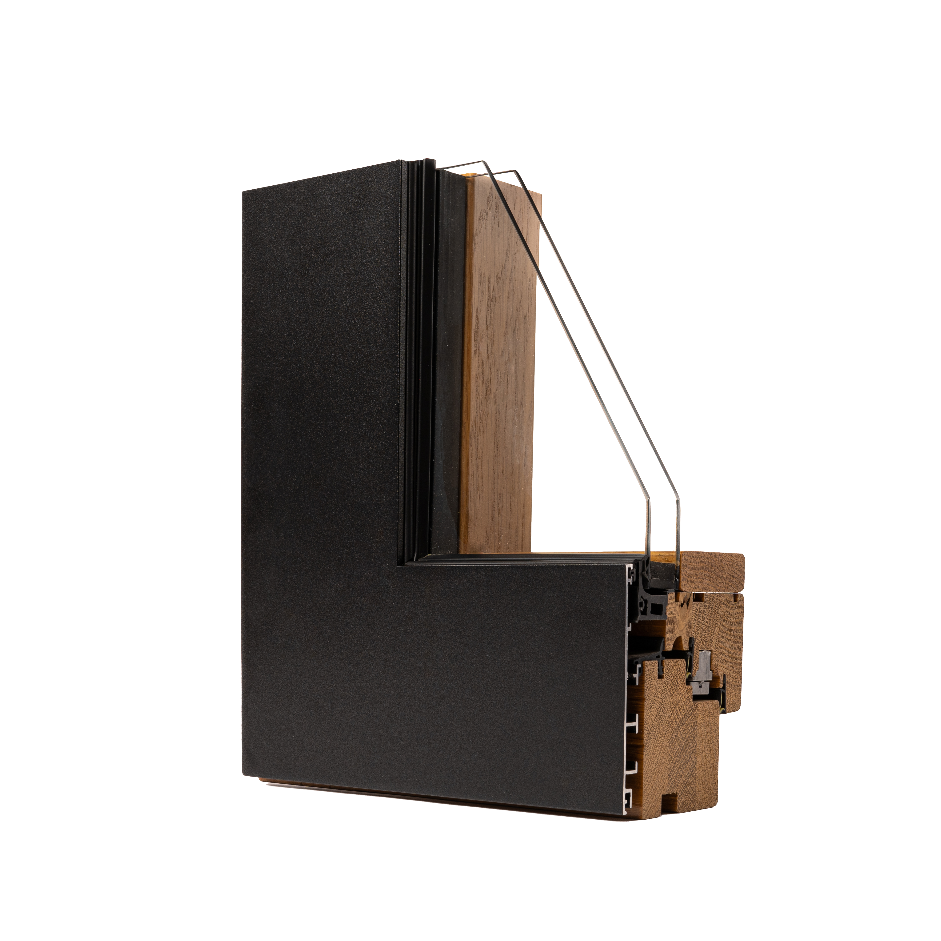 Sezione del serramento Rima Legno Alluminio 8.45/8.57, alluminio nero esterno e legno naturale interno