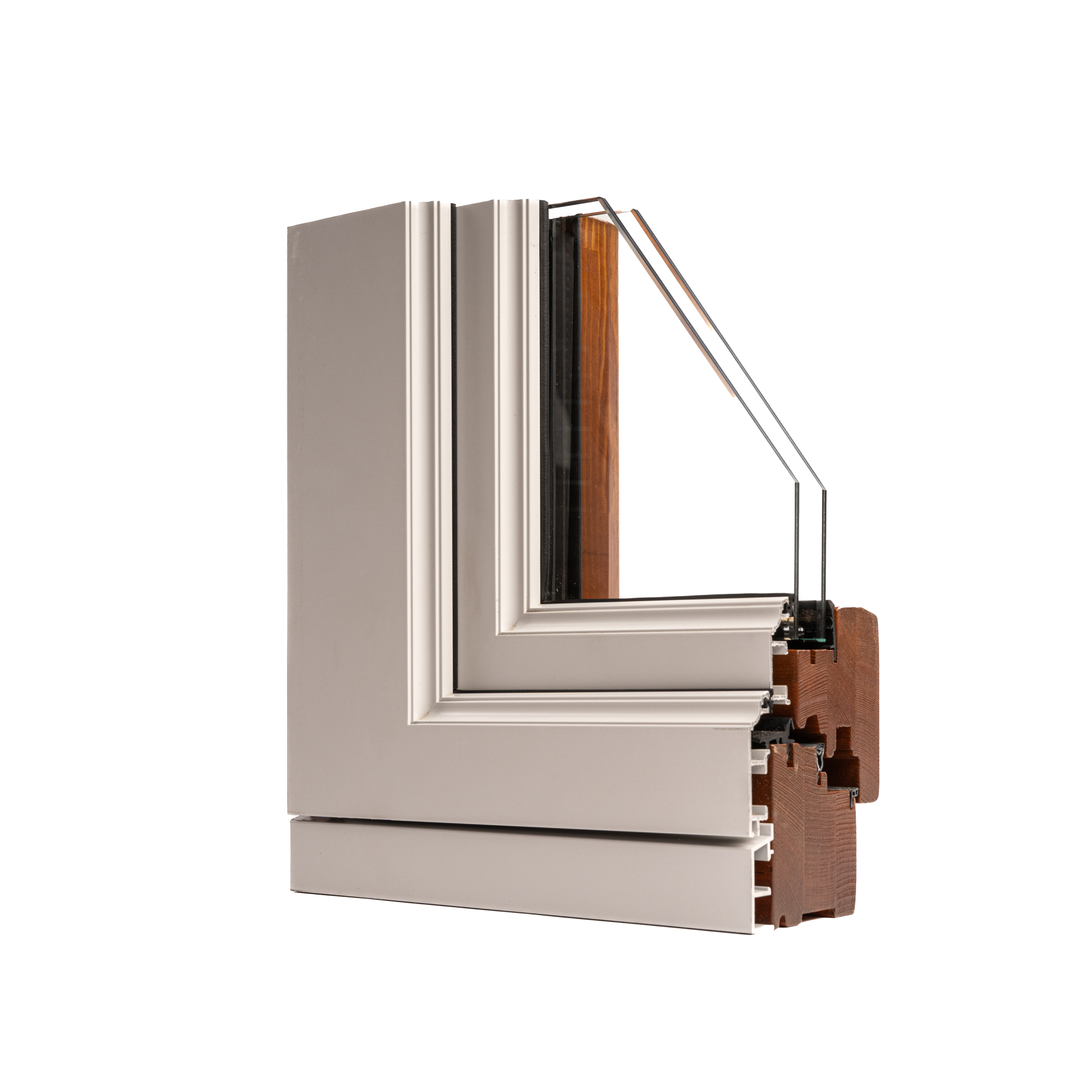 Sezione del serramento Esperia Easy Alluminio, alluminio avorio con modanatura classica e legno naturale interno