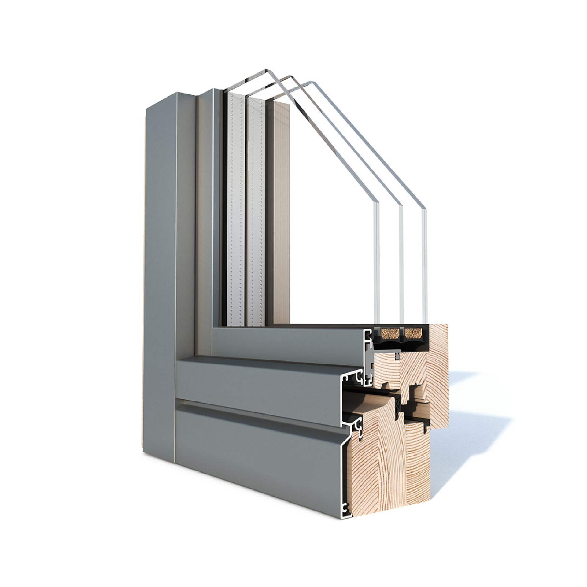 Sezione del serramento Esperia Innova, alluminio grigio esterno e legno chiaro naturale interno